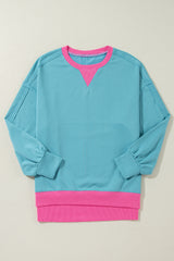 Light Blue Colorblock Patchwork Crew Neck Loose Sweatshirt