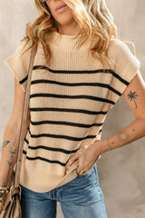 Parchment Striped Ribbed Knit High Neck Sweater