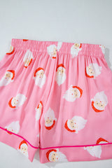 Pink Christmas Santa Claus Print Satin Shirt and Shorts Set