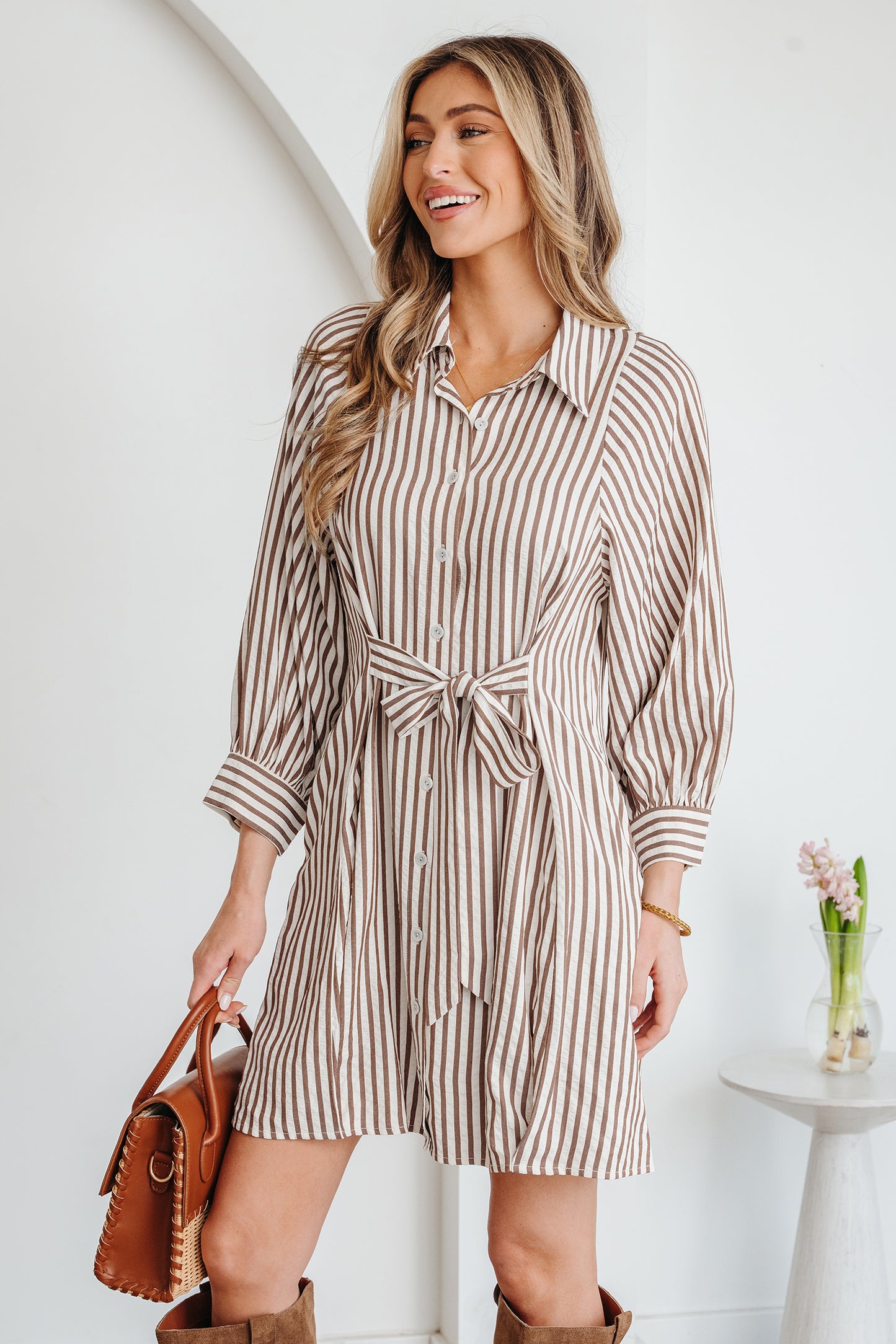 Brown Stripe Knot Waist Puff Sleeve Button Down Mini Shirt Dress