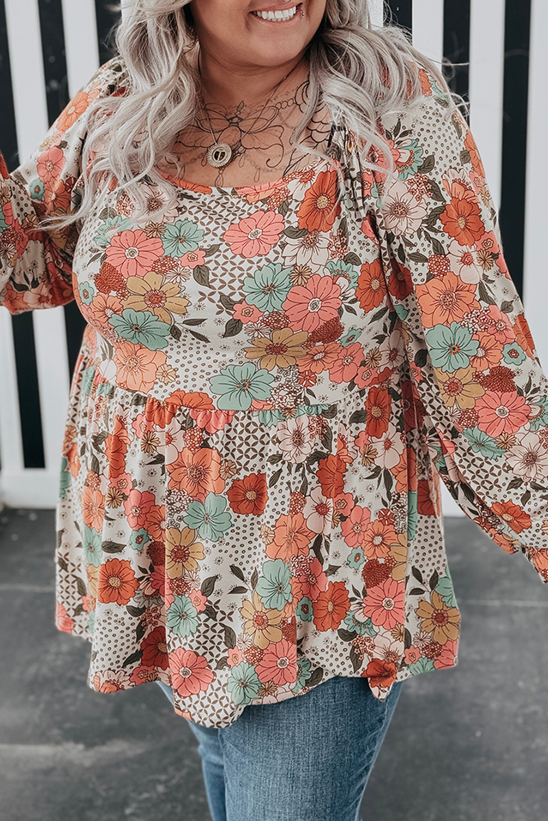 Khaki Plus Size Flower Print Square Neck Peplum Blouse