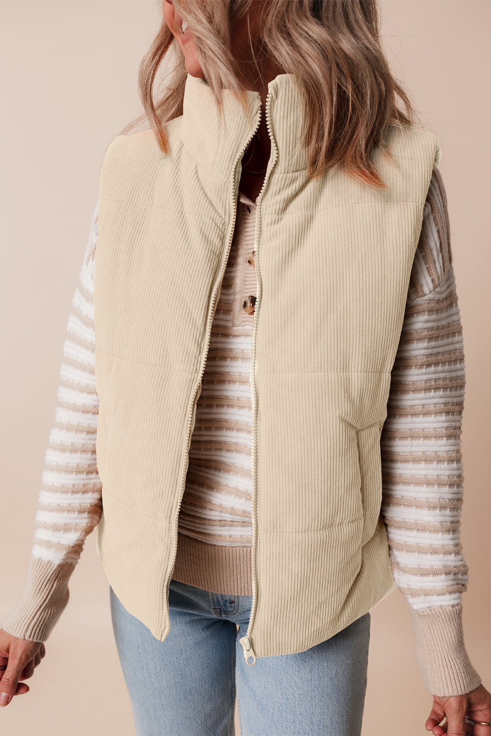 Beige Corduroy Stand Neck Zipped Puffer Vest