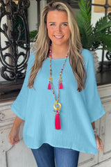 Aruba Blue Crinkled Bracelet Sleeve Flowy Blouse