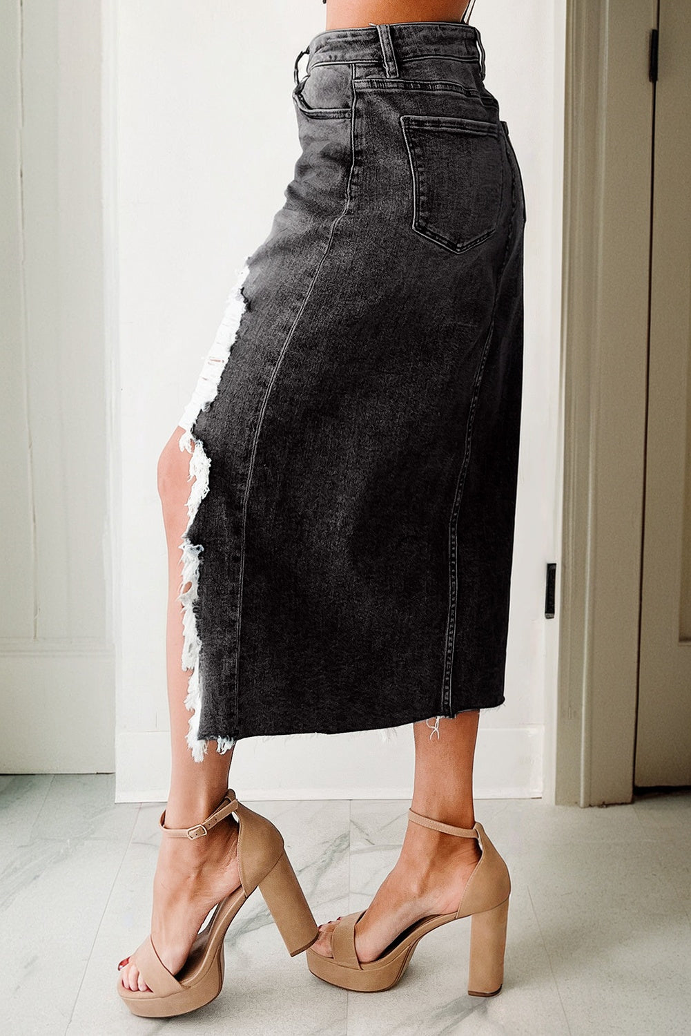 Dark Grey Irregular Distressed Bottom Denim Midi Skirt