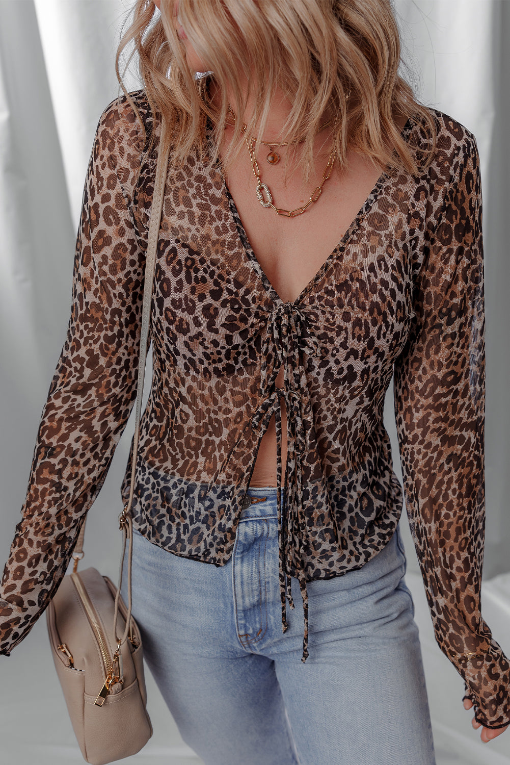 Multicolour Leopard Sheer Mesh Long Sleeve V Neck Lace-up Blouse