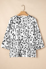 Black Leopard Print Ruched V Neck 3/4 Sleeve Blouse