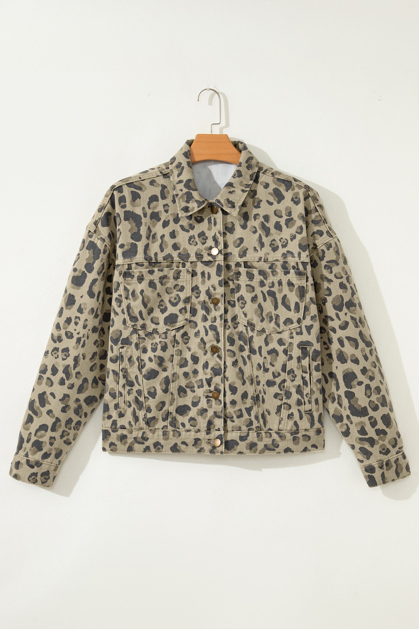 Khaki Retro Leopard Print Seam Detail Button Down Denim Jacket