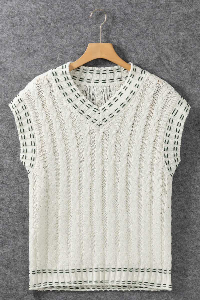 White Contrast Trim V Neck Cable Knit Sweater Vest