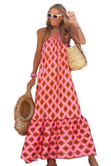 Fiery Red Geometric Print Loose Fit Sleeveless Maxi Dress