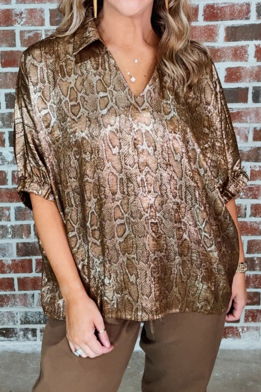 Brown Polo Collared V Neck Short Sleeve Metallic Leopard Blouse