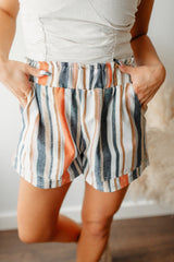 Stripe Vintage Washed Elastic Frill Waist Casual Shorts