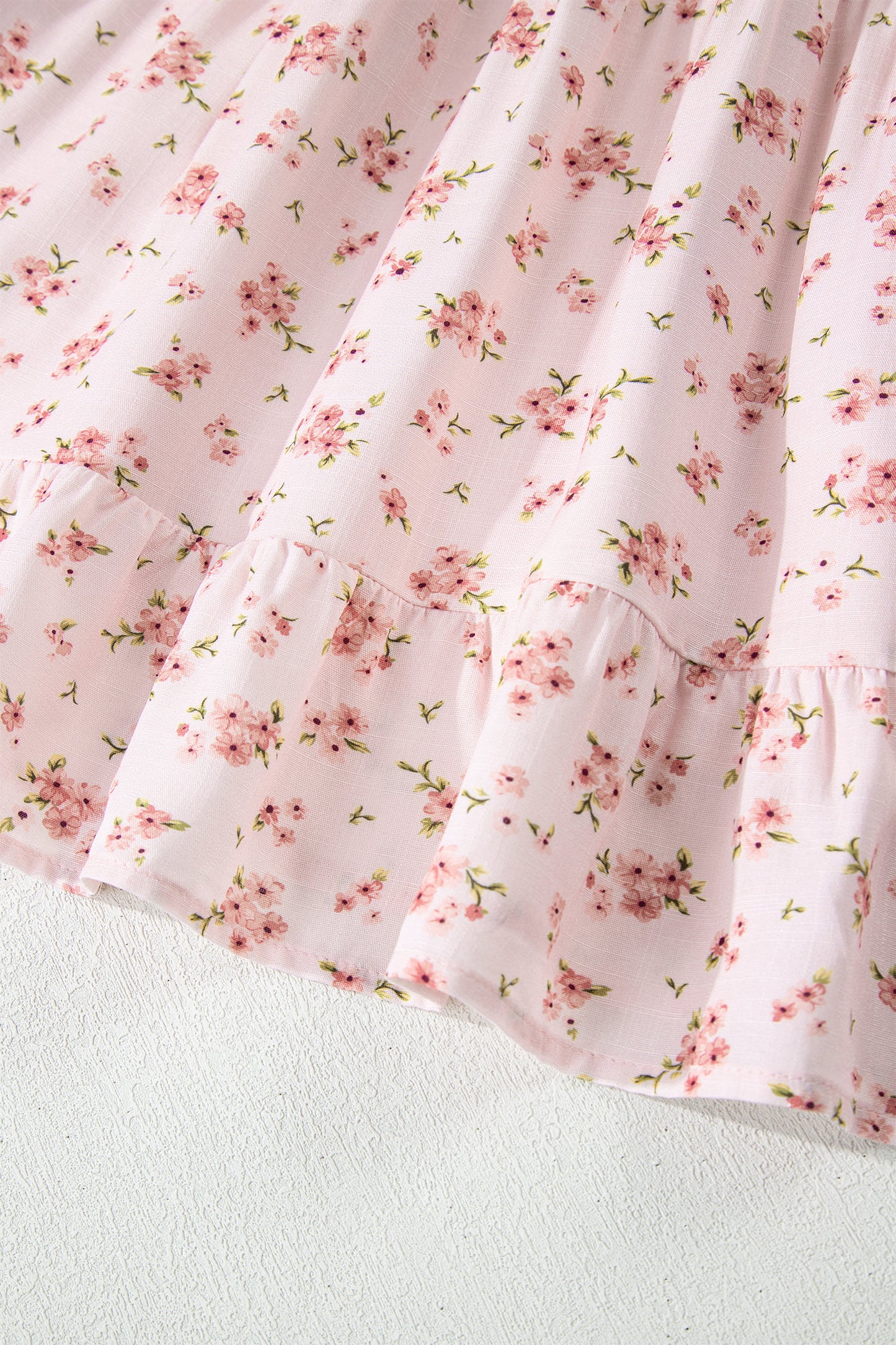 Pink Front Tie Shirred Waist Short Sleeve Ruffled Floral Mini Dress