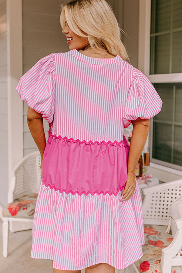 Pink Ricrac Block Accent Puff Short Sleeve Flowy Plus Dress