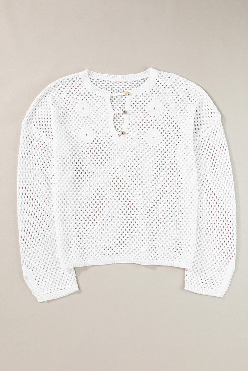 White Open Knit Buttoned Neck Split Sleeve Sweater