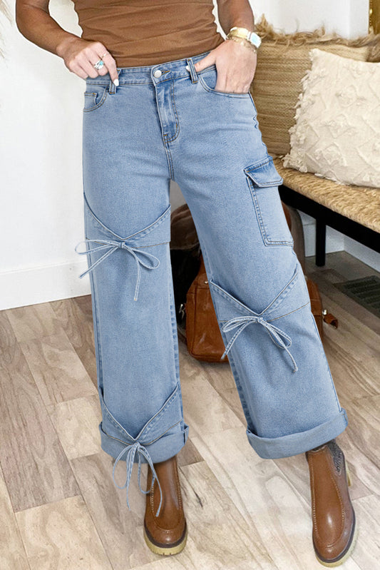 Beau Blue Bowknot Decor Boyfriend Cargo Jeans