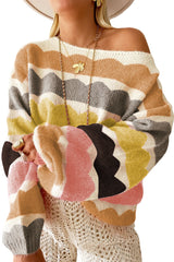 Yellow Wave Striped Balloon Sleeve Drop Shoulder Sweater