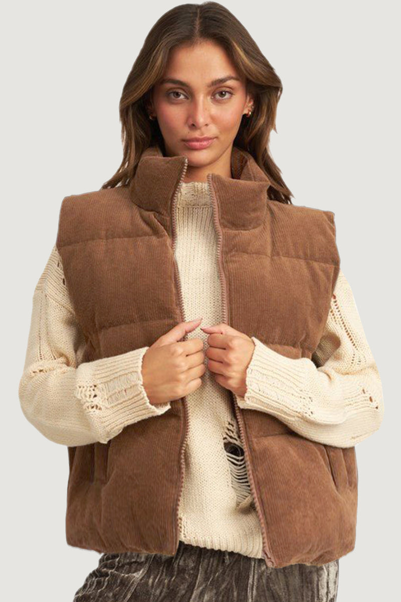 Coffee Corduroy Stand Neck Zipped Puffer Vest