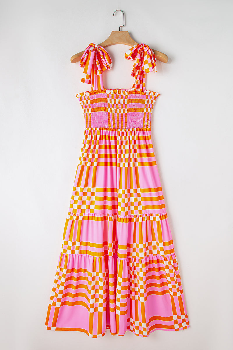 Pink Boho Gingham Tied Straps Smocked Maxi Dress