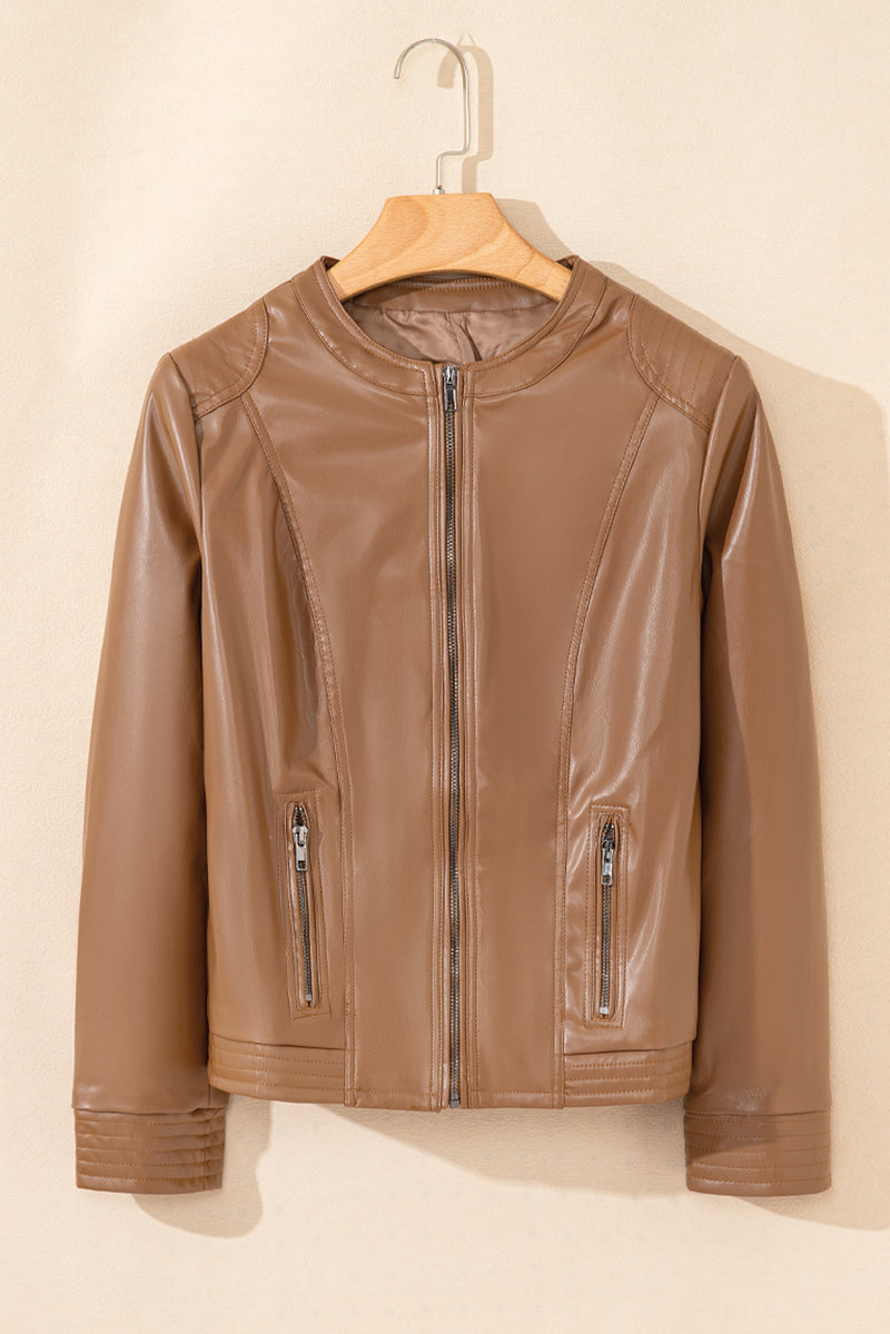 Chestnut Solid Faux Leather Zipper Slim Fit Jacket