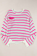 Rose Stripe Oversized Drop Shoulder Sweater with Pocket