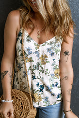 Beige Floral Buttoned Spaghetti Straps Tank Top