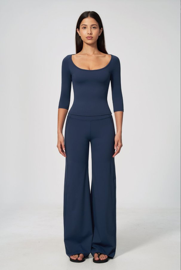3/4 Sleeve Scoop Neck Top & High Waist Wide Leg Pants Set