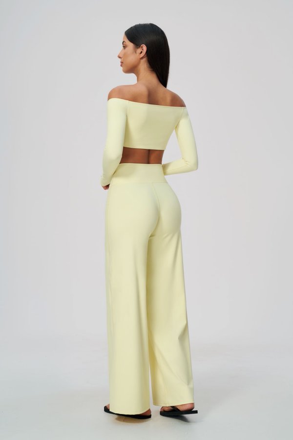Off-Shoulder Long Sleeve Crop Top and High Waisted Wide Leg