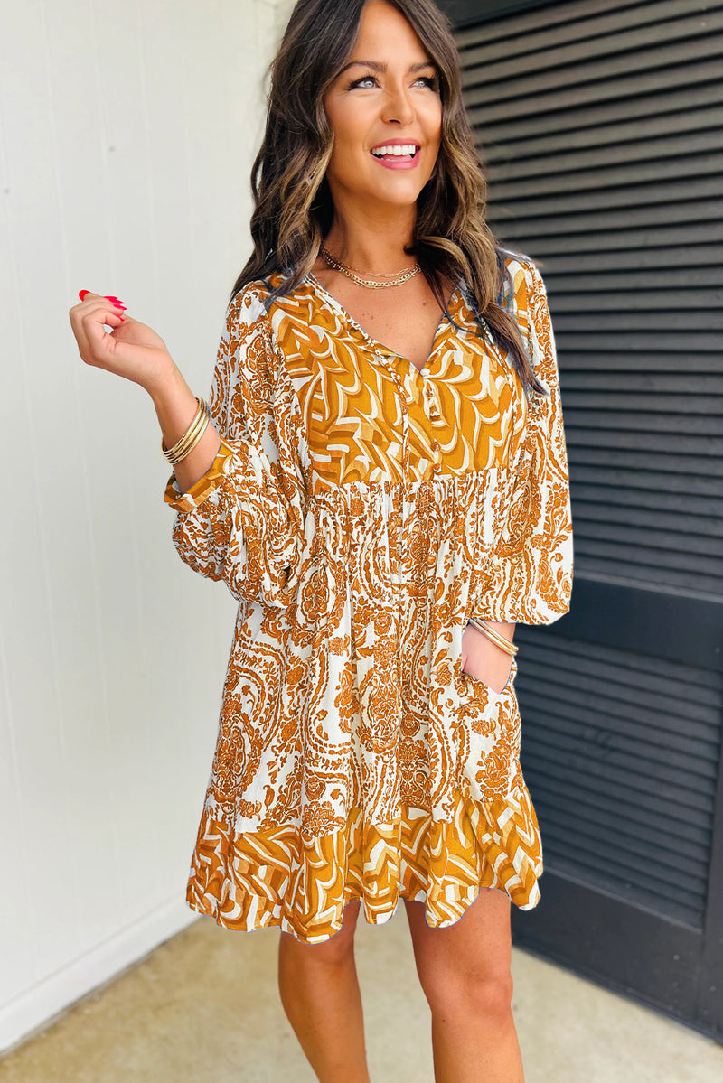 Orange Bohemian Print Puff Sleeve Tied V Neck Flared Mini Dress