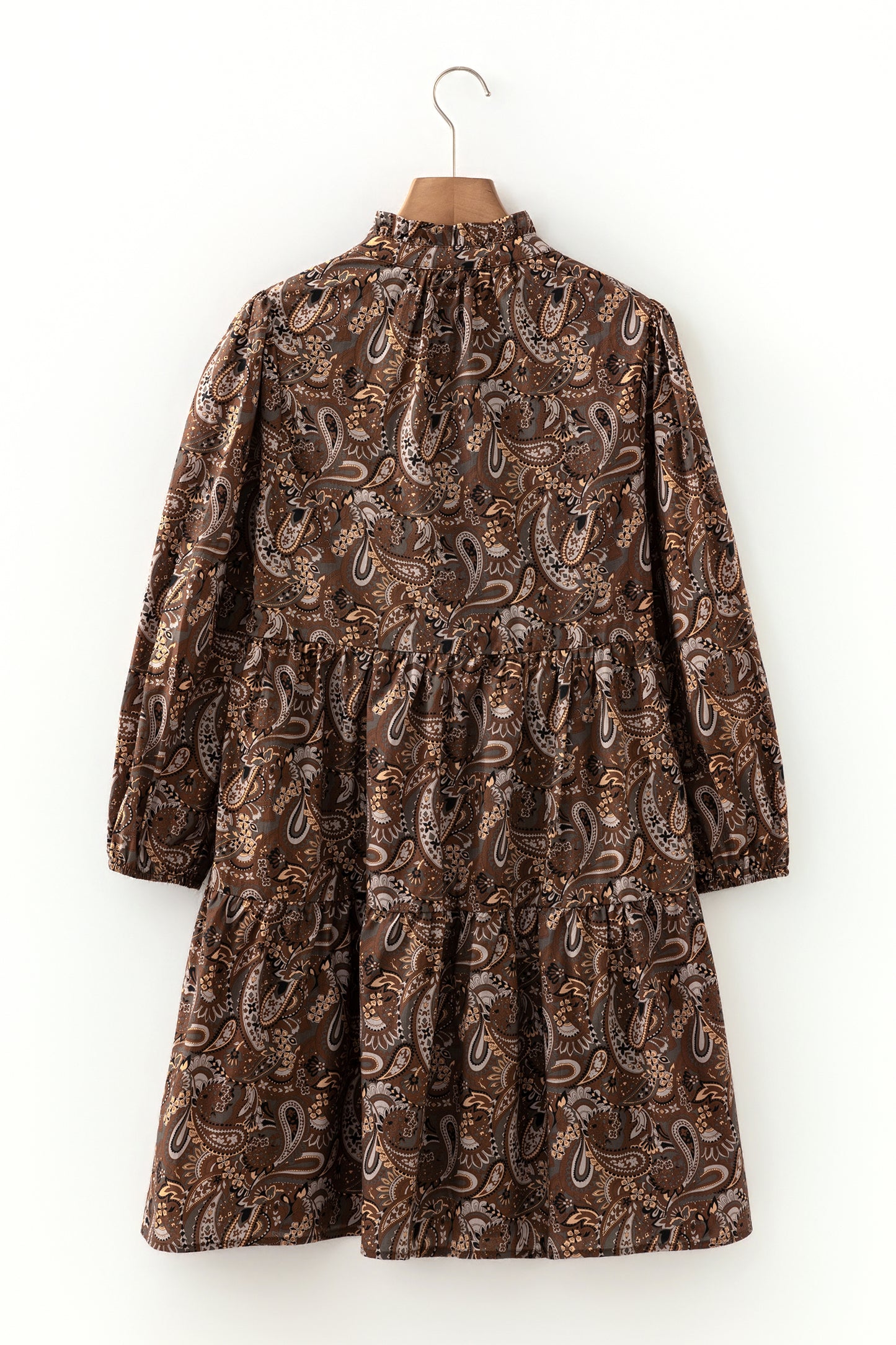 Brown Paisley Print Half Buttons Puff Sleeve Flowy Short Dress