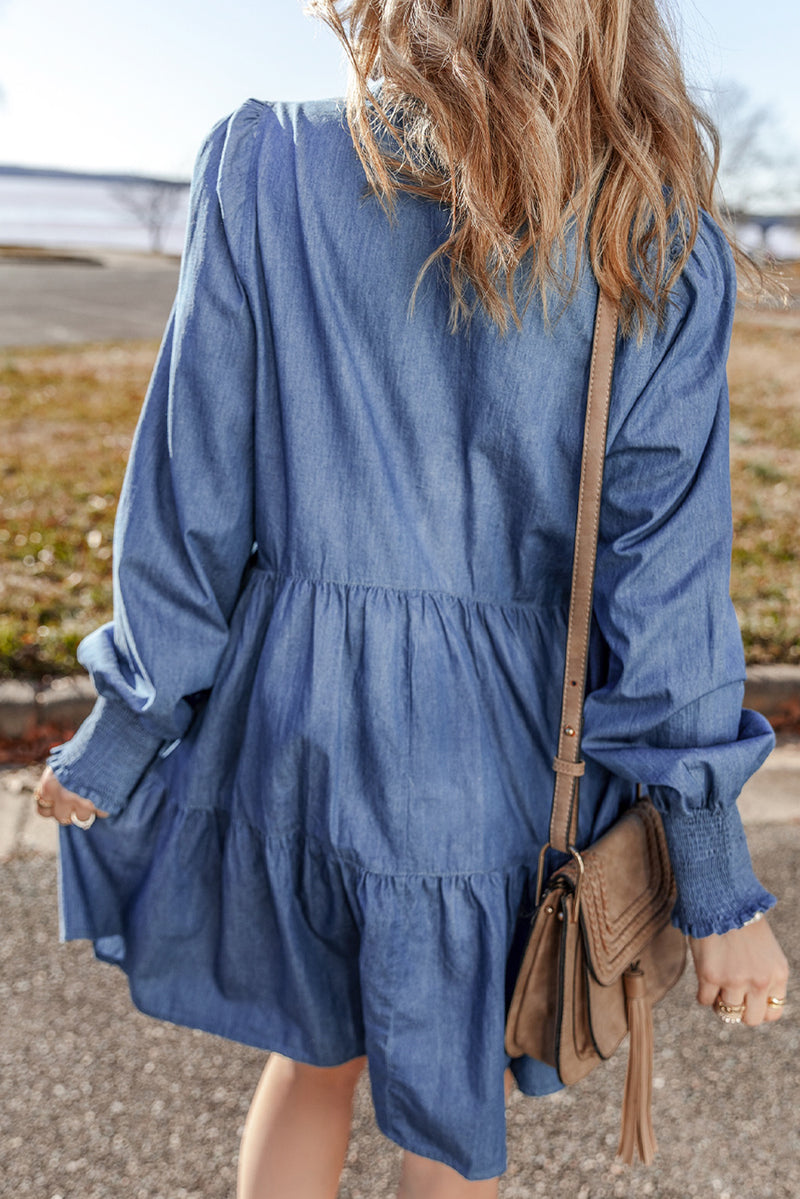 Dusk Blue Smocked Cuff Buttoned Tiered Denim Mini Dress