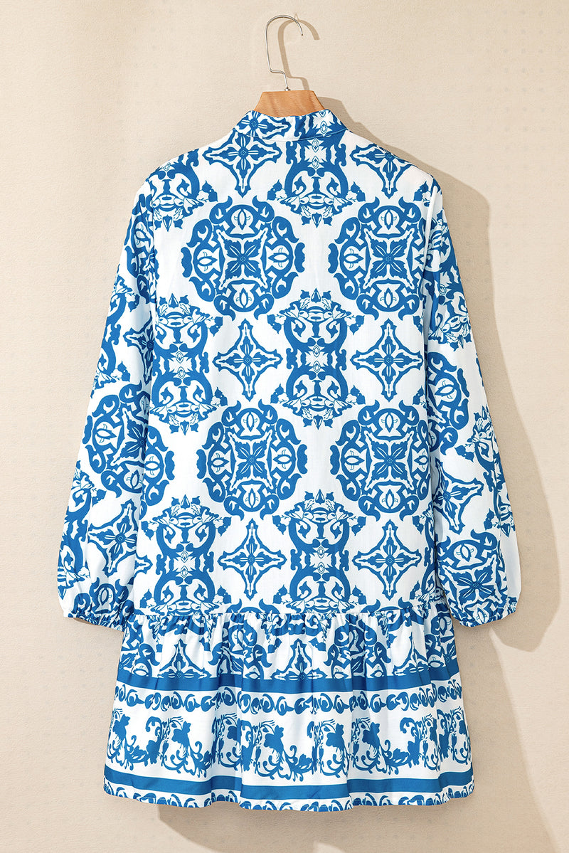 Sky Blue Tribal Print Button Up Notch Neck Loose Mini Dress