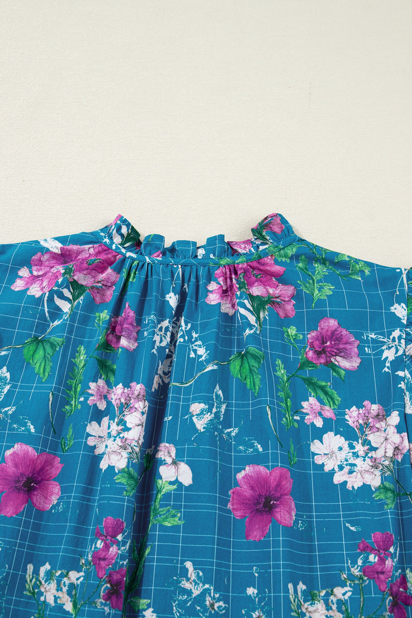 Blue Floral Flutter Sleeve Button Tie Split Neck Belted Long Dress