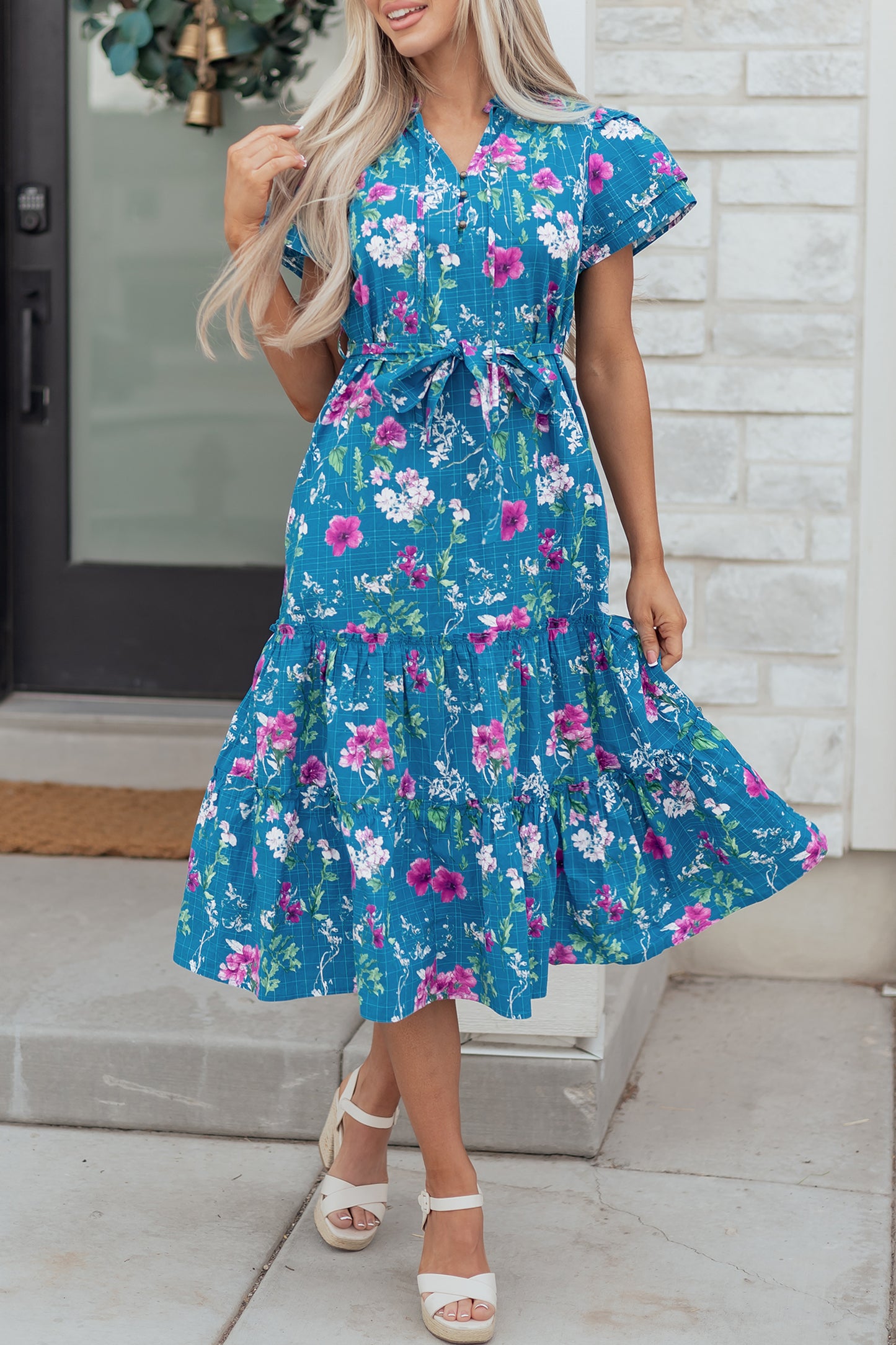 Blue Floral Flutter Sleeve Button Tie Split Neck Belted Long Dress