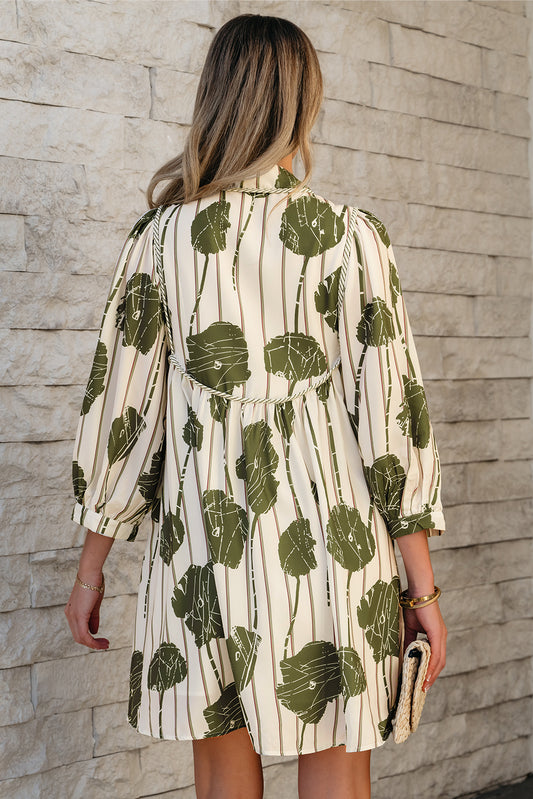 Guacamole Green Floral Striped Print Contrast Piping Puff Sleeve Dress