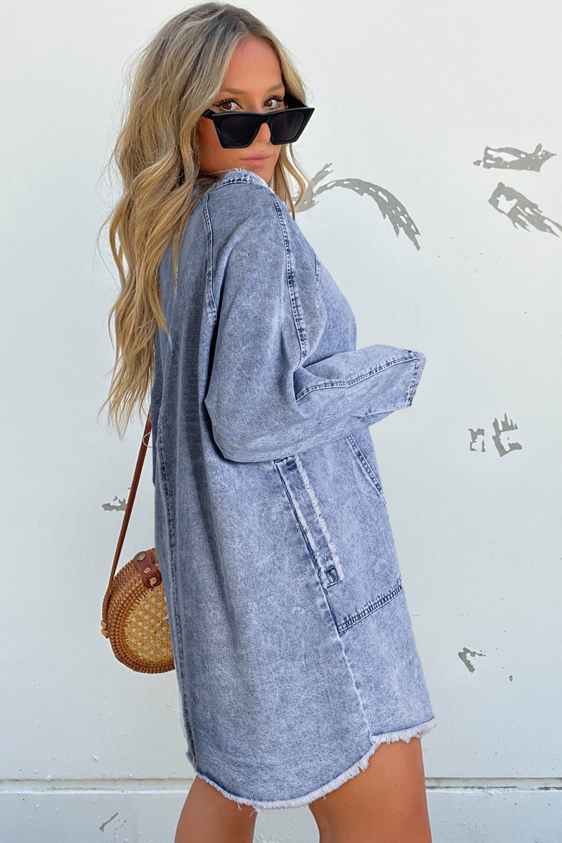 Beau Blue Mineral Wash Long Sleeve Button Up Raw Hem Pocketed Denim Dress