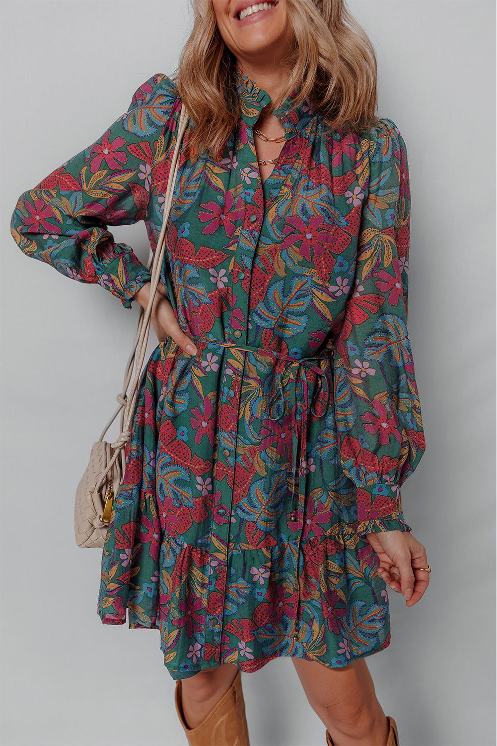 Green Floral Friled V Neck Puff Sleeve Ruffled Shirt Dress
