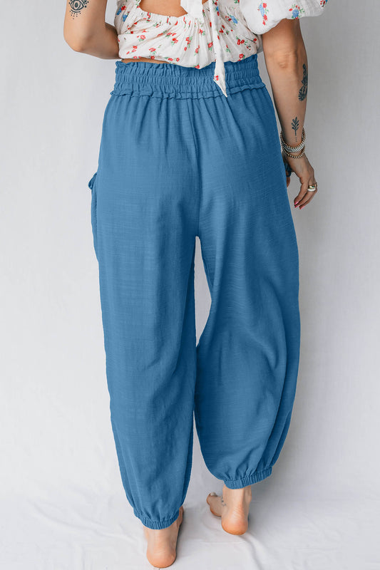 Prussian Blue Smocked Waist Casual Jogger Style Pants