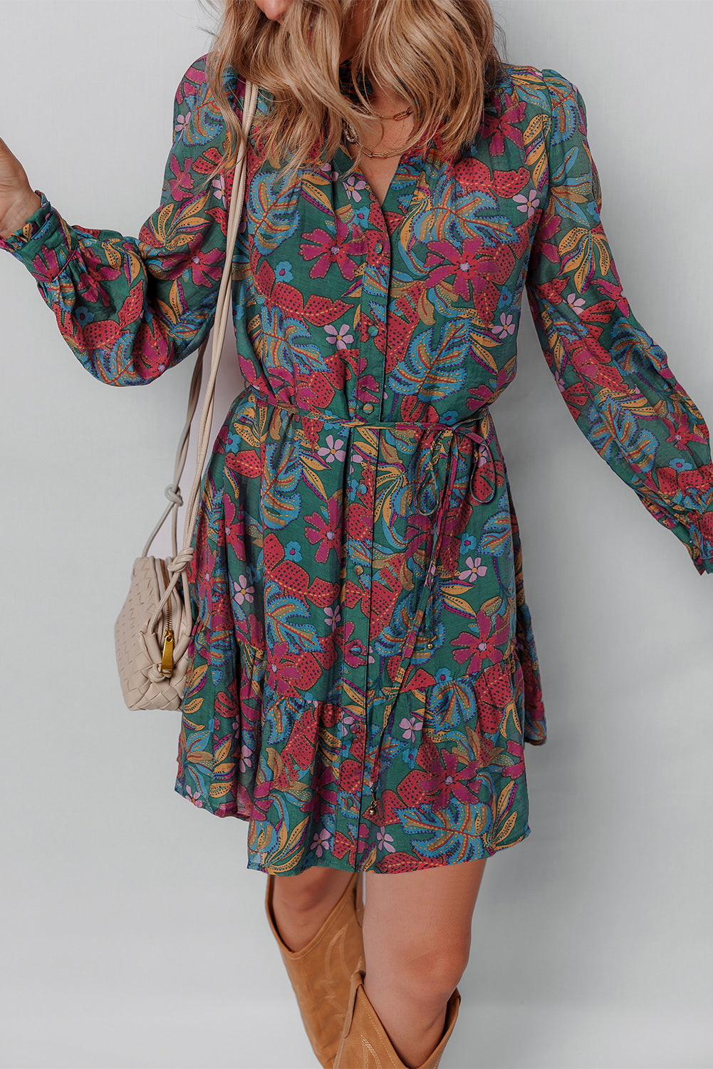 Green Floral Friled V Neck Puff Sleeve Ruffled Shirt Dress