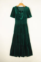 Evergreen Velvet Short Sleeve Shirred Waist Tiered Maxi Dress