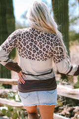 Brown Leopard Color Block Crewneck Long Sleeve Top