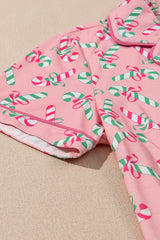 Pink Christmas Candy Cane Print Pocketed Knotted Lounge Set