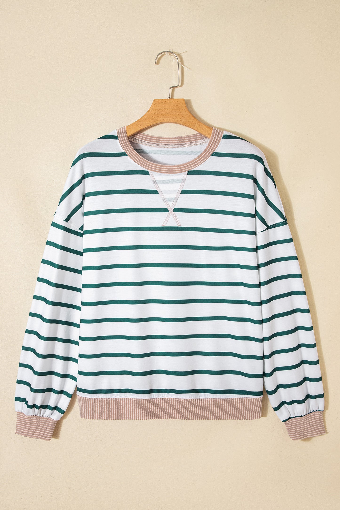 White Stripe Twisted Ribbed Patchwork Drop Shoulder Round Neck Sweatshirt