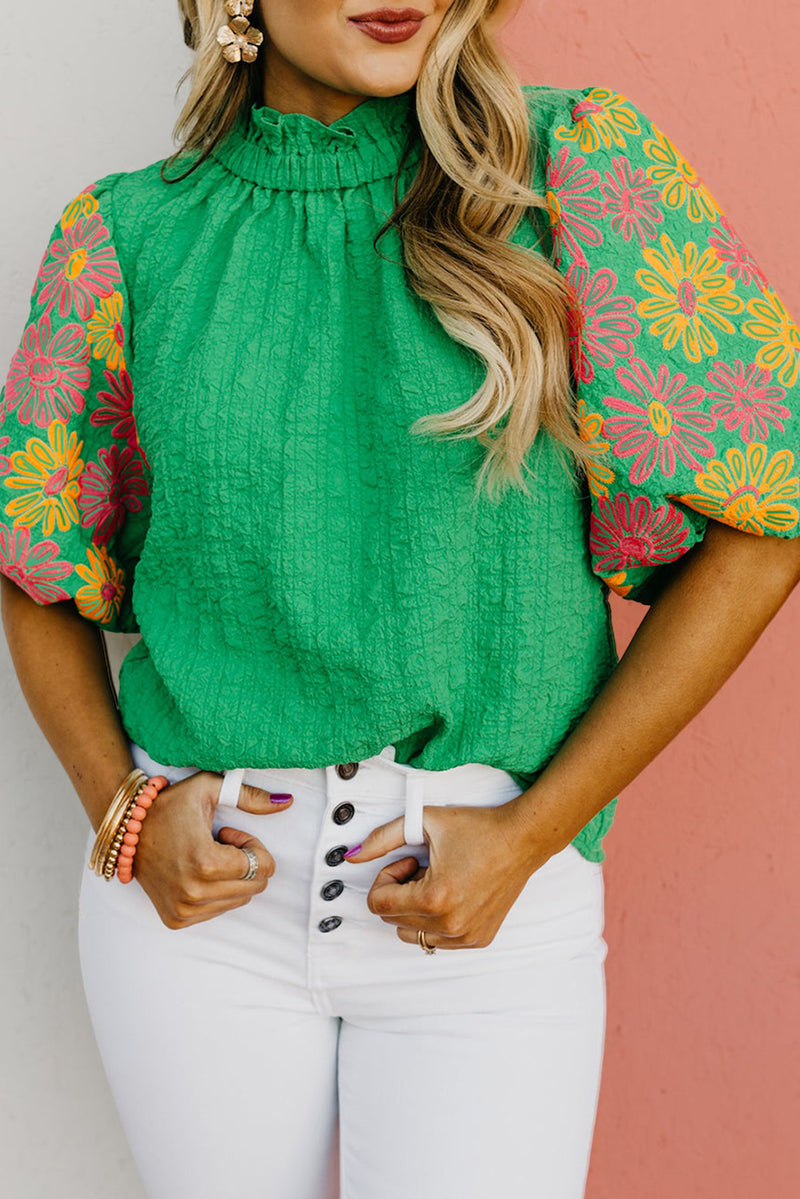 Bright Green Floral Puff Short Sleeve Ruffled Collar Button Back Top