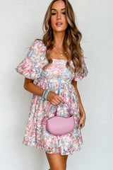 Pink Floral Puff Sleeve Square Neck Smock Ruffled Dress