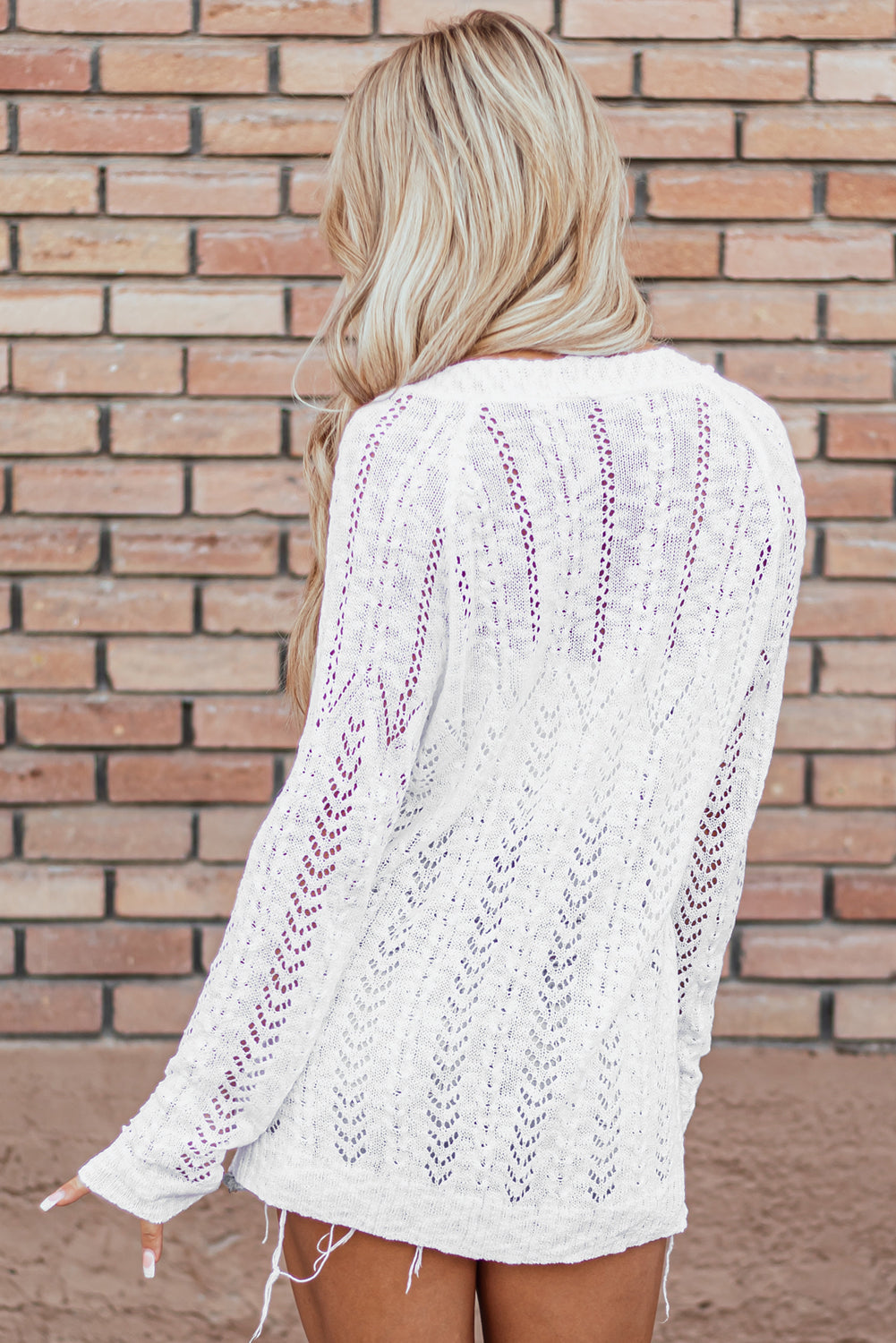 White Solid Open Knit Cardigan