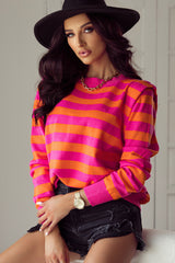 Rose Stripe Shoulder Pad Round Neck Sweater