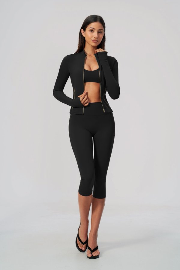 V Neck Bra & Cropped Leggings with Jacket Set