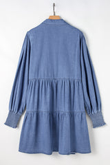 Dusk Blue Smocked Cuff Buttoned Tiered Denim Mini Dress