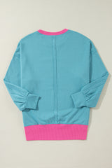 Light Blue Colorblock Patchwork Crew Neck Loose Sweatshirt