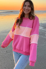 Sachet Pink Colorblock Patchwork Drop Shoulder Ribbed Trim Sweatshirt